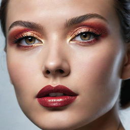 Intense close-up photograph of a model, featuring an alternate, intricate makeup inspiration placed within an editorial magazine photoshoot context, beaming with perfect composition and lighting