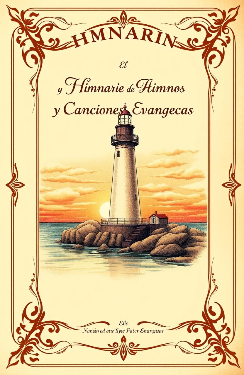 A vintage-style book cover for a hymnal of hymns and gospel songs, featuring a beautifully illustrated lighthouse as the main image