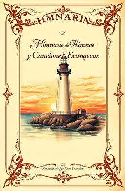 A vintage-style book cover for a hymnal of hymns and gospel songs, featuring a beautifully illustrated lighthouse as the main image