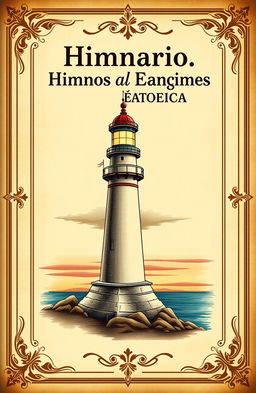 A vintage-style book cover for a hymnal of hymns and gospel songs, featuring a beautifully illustrated lighthouse as the main image