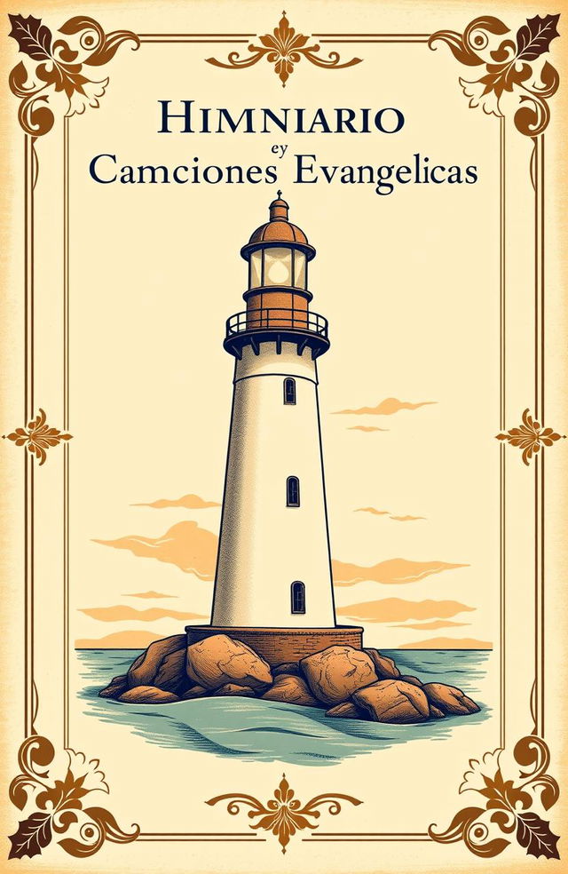 A vintage-style book cover for a hymnal of hymns and gospel songs, featuring a beautifully illustrated lighthouse as the main image