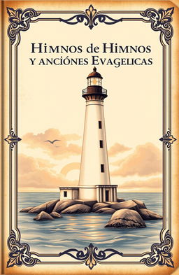 A vintage-style book cover for a hymnal of hymns and gospel songs, featuring a beautifully illustrated lighthouse as the main image