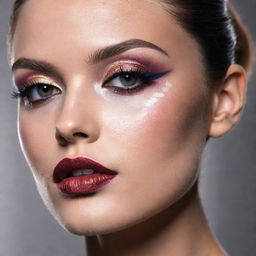 Close-up photo of a model showcasing a new, unique makeup inspiration in an editorial magazine photoshoot style with excellent composition and dramatic lighting