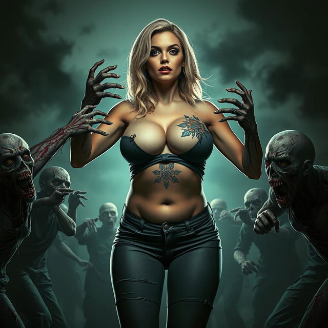 A striking image of a white woman with big boobs, standing confidently in the midst of a chaotic zombie apocalypse