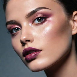 Close-up photo of a model showcasing a new, unique makeup inspiration in an editorial magazine photoshoot style with excellent composition and dramatic lighting