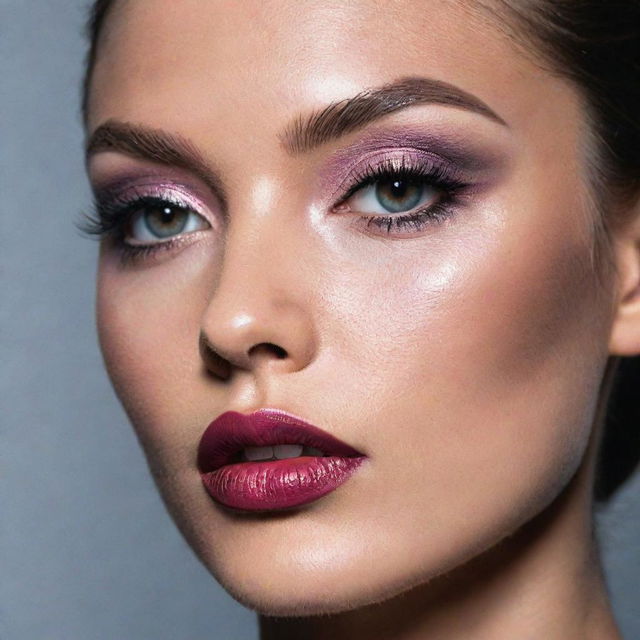 Close-up photo of a model showcasing a new, unique makeup inspiration in an editorial magazine photoshoot style with excellent composition and dramatic lighting