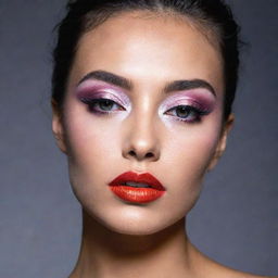 Close-up photo of a model showcasing a new, unique makeup inspiration in an editorial magazine photoshoot style with excellent composition and dramatic lighting