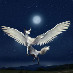 The winged Bovine Pegasus is now again gracefully leaping over a brightly lit full moon set against a mystic starry night sky.