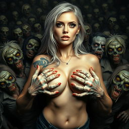 A striking image of a white woman with big boobs, surrounded by a chaotic scene of zombies