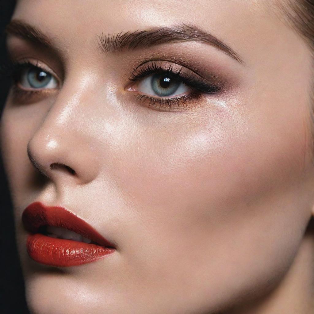 Close-up photograph of a model, featuring a novel, detailed makeup inspiration in the style of an editorial magazine photoshoot with immaculate composition and lighting