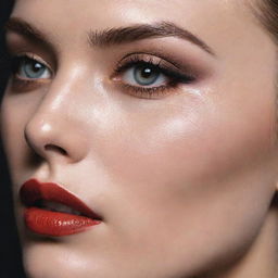 Close-up photograph of a model, featuring a novel, detailed makeup inspiration in the style of an editorial magazine photoshoot with immaculate composition and lighting