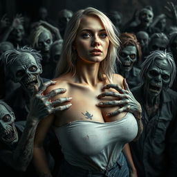 A striking image of a white woman with big boobs, surrounded by a chaotic scene of zombies
