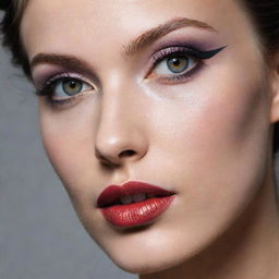 Close-up photograph of a model, featuring a novel, detailed makeup inspiration in the style of an editorial magazine photoshoot with immaculate composition and lighting