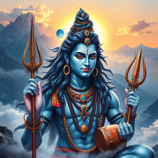 A stunning portrait of Lord Shiva, the Hindu god, depicted in a serene and powerful pose, surrounded by a mystical landscape