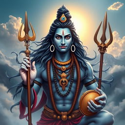 A stunning portrait of Lord Shiva, the Hindu god, depicted in a serene and powerful pose, surrounded by a mystical landscape