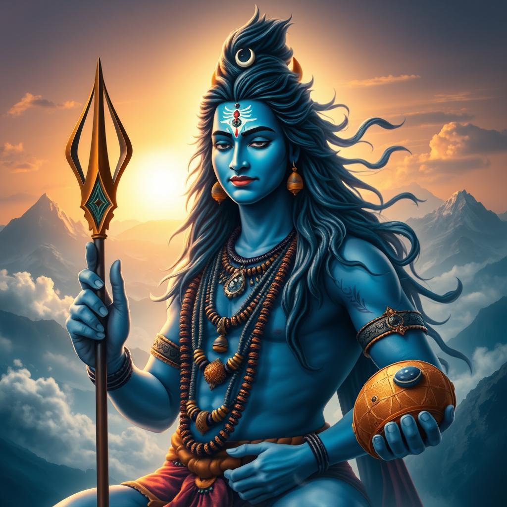 A stunning portrait of Lord Shiva, the Hindu god, depicted in a serene and powerful pose, surrounded by a mystical landscape