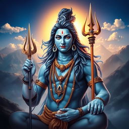 A stunning portrait of Lord Shiva, the Hindu god, depicted in a serene and powerful pose, surrounded by a mystical landscape