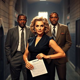Barbara Eden, portrayed as a confident and beautiful woman in a vintage prison setting, standing boldly while holding a transfer form
