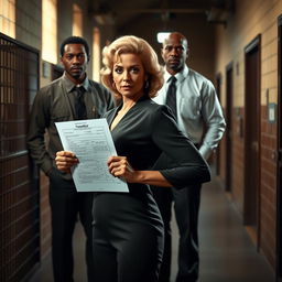 Barbara Eden, portrayed as a confident and beautiful woman in a vintage prison setting, standing boldly while holding a transfer form
