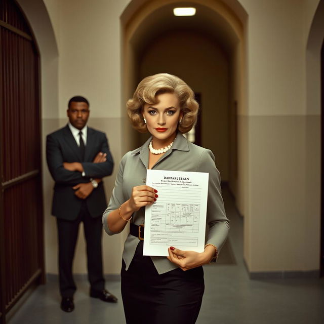 Barbara Eden, portrayed as a confident and beautiful woman in a vintage prison setting, standing boldly while holding a transfer form