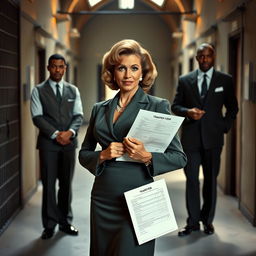 Barbara Eden, portrayed as a confident and beautiful woman in a vintage prison setting, standing boldly while holding a transfer form