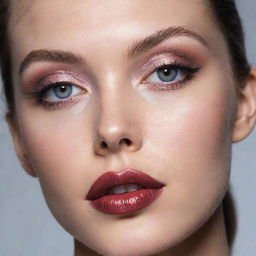 Close-up photograph of a model, featuring a novel, detailed makeup inspiration in the style of an editorial magazine photoshoot with immaculate composition and lighting