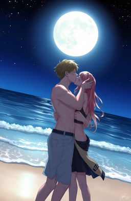 A romantic and steamy scene featuring two characters deeply in love, engaged in a passionate kiss under the moonlight