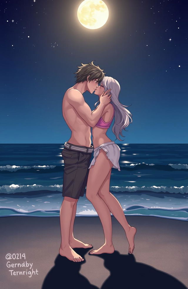 A romantic and steamy scene featuring two characters deeply in love, engaged in a passionate kiss under the moonlight