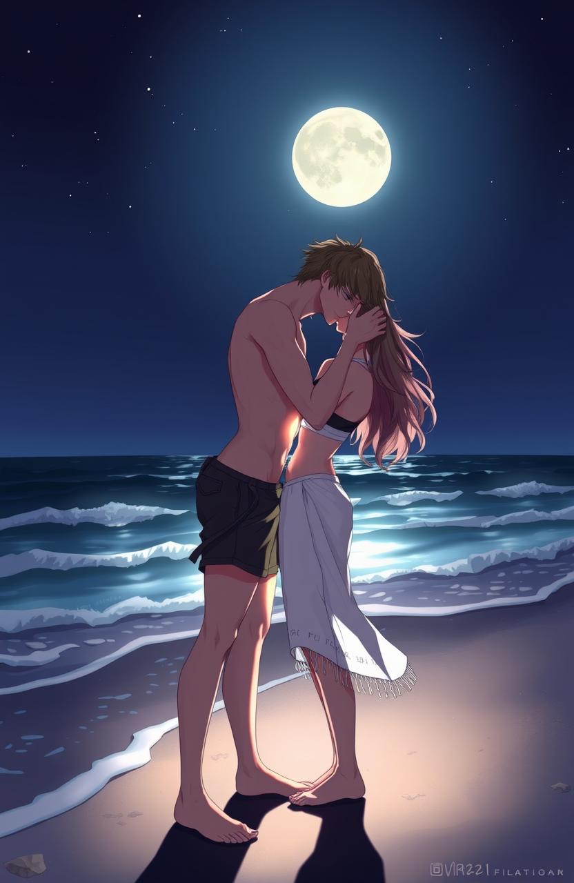 A romantic and steamy scene featuring two characters deeply in love, engaged in a passionate kiss under the moonlight