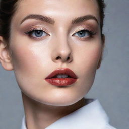 Close-up photograph of a model, featuring a novel, detailed makeup inspiration in the style of an editorial magazine photoshoot with immaculate composition and lighting