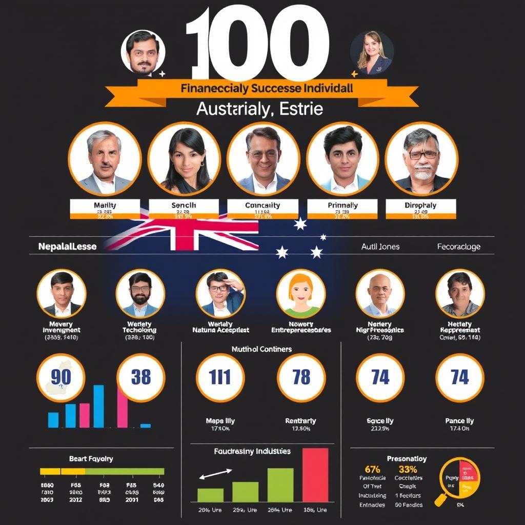 A compelling infographic showcasing the 100 most financially successful Nepalese individuals in Australia, featuring a colorful design with portraits of key figures, their names, and respective industries