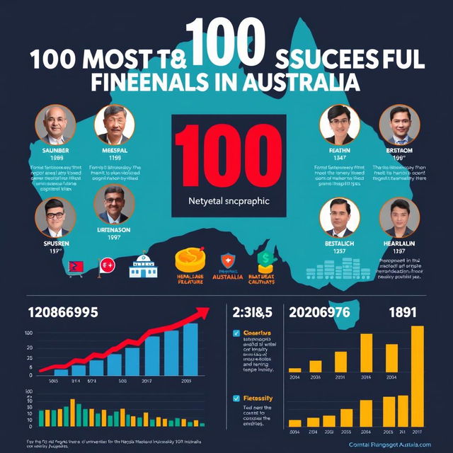 A compelling infographic showcasing the 100 most financially successful Nepalese individuals in Australia, featuring a colorful design with portraits of key figures, their names, and respective industries