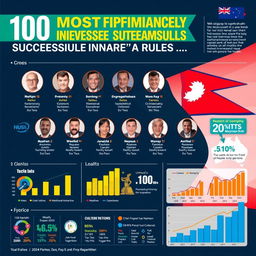 A compelling infographic showcasing the 100 most financially successful Nepalese individuals in Australia, featuring a colorful design with portraits of key figures, their names, and respective industries