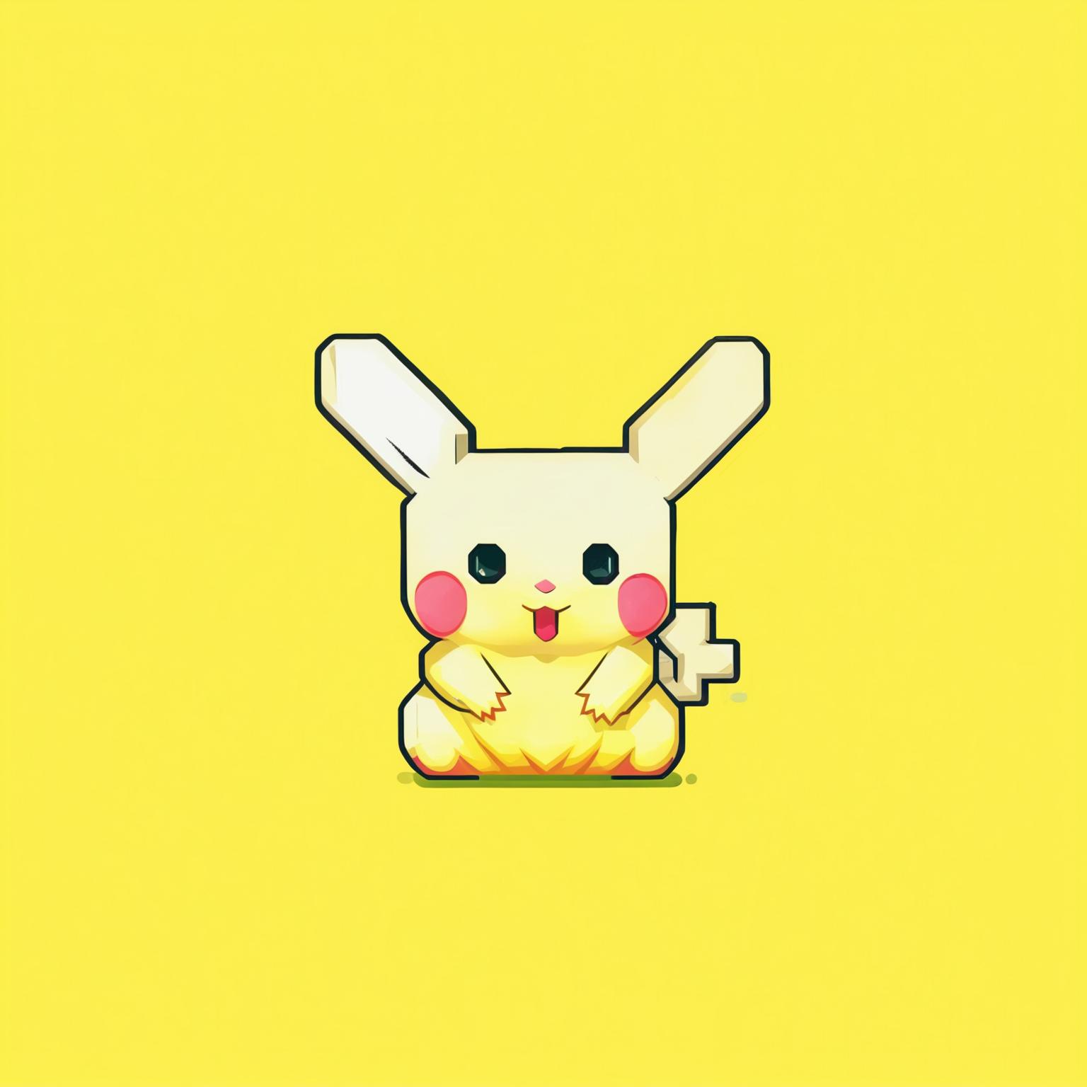 Pixel art of Pikachu in vibrant yellow with rosy red cheeks, black-tipped ears, and a lightning bolt-shaped tail against a simple background