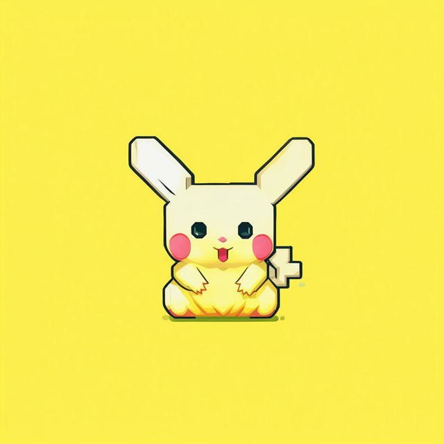 Pixel art of Pikachu in vibrant yellow with rosy red cheeks, black-tipped ears, and a lightning bolt-shaped tail against a simple background