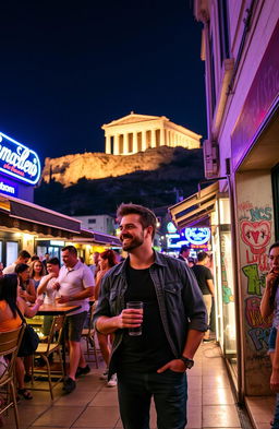 A vibrant and lively nightlife adventure in Athens, Greece, showcasing a man exploring the city's bustling streets at night