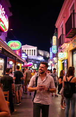 A vibrant and lively nightlife adventure in Athens, Greece, showcasing a man exploring the city's bustling streets at night