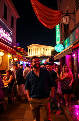 A vibrant and lively nightlife adventure in Athens, Greece, showcasing a man exploring the city's bustling streets at night