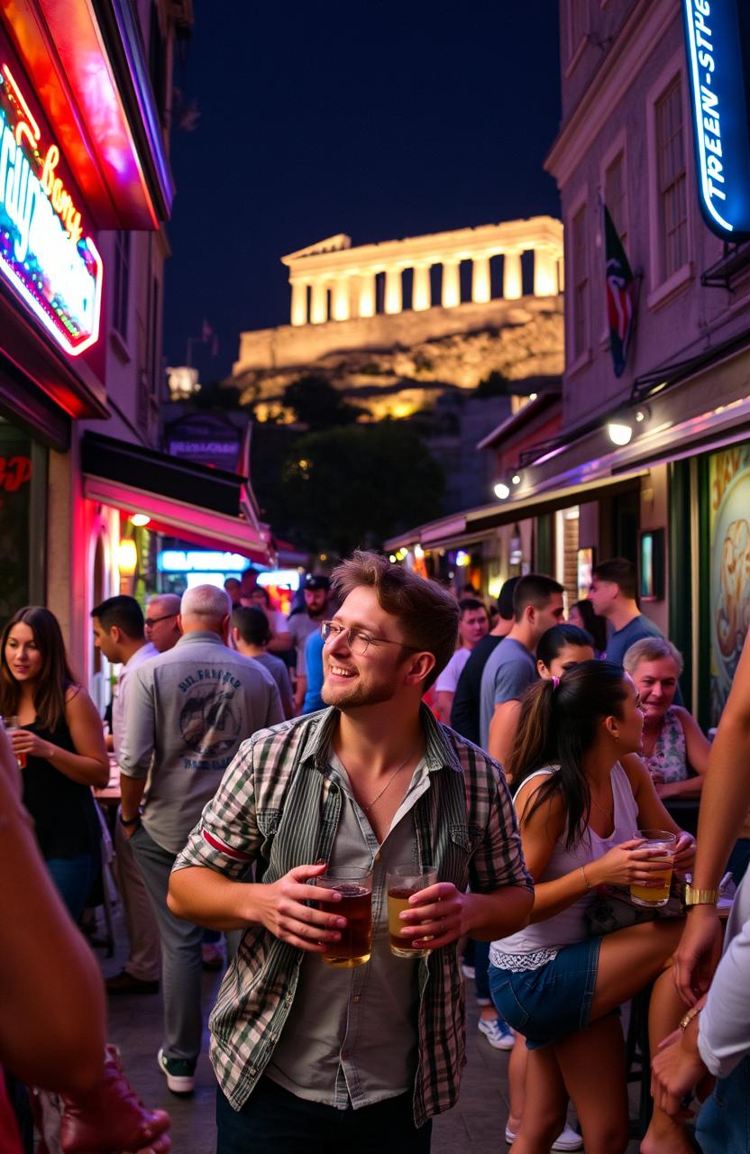 A vibrant and lively nightlife adventure in Athens, Greece, showcasing a man exploring the city's bustling streets at night