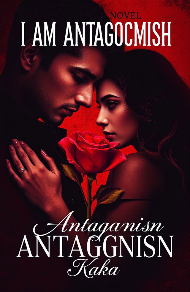 A novel cover for 'I Am Antagonist', featuring a romantic scene between a mysterious man and a woman