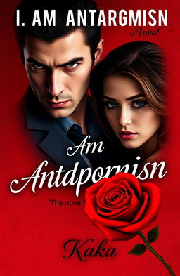 A novel cover for 'I Am Antagonist', featuring a romantic scene between a mysterious man and a woman