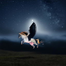 The winged Bovine Pegasus is now again gracefully leaping over a brightly lit full moon set against a mystic starry night sky.