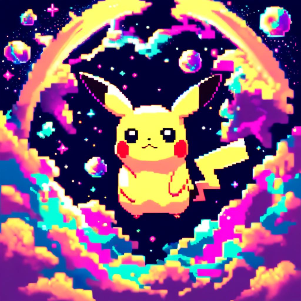 Pixel art profile picture featuring Pikachu against a cosmic background.