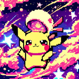 Pixel art profile picture featuring Pikachu against a cosmic background.