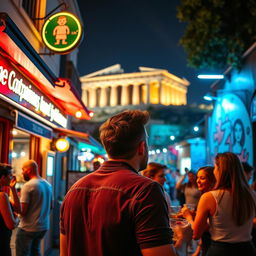 A vibrant nightlife adventure in Athens, Greece, featuring a man exploring the city's lively streets at night, with a focus on the atmosphere rather than his facial features