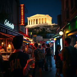 A vibrant nightlife adventure in Athens, Greece, featuring a man exploring the city's lively streets at night, with a focus on the atmosphere rather than his facial features