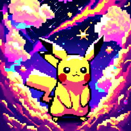 Pixel art profile picture featuring Pikachu against a cosmic background.