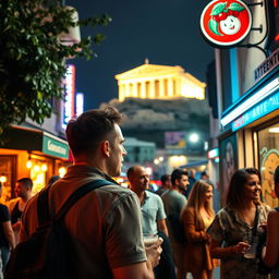 A vibrant nightlife adventure in Athens, Greece, featuring a man exploring the city's lively streets at night, with a focus on the atmosphere rather than his facial features