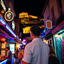 A vibrant nightlife adventure in Athens, Greece, featuring a man exploring the city's lively streets at night, with a focus on the atmosphere rather than his facial features