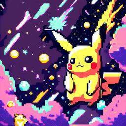 Pixel art profile picture featuring Pikachu against a cosmic background.